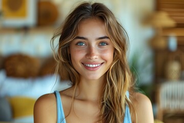 Happy woman showing approval gesture and smiling in victory   studio shot on yellow background