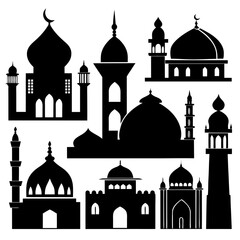 Full Black Set of Mosque Silhouettes in Various Poses - Vector Illustration, SVG Files, Cricut Cut Files, Vector Clipart, T-shirt Graphics