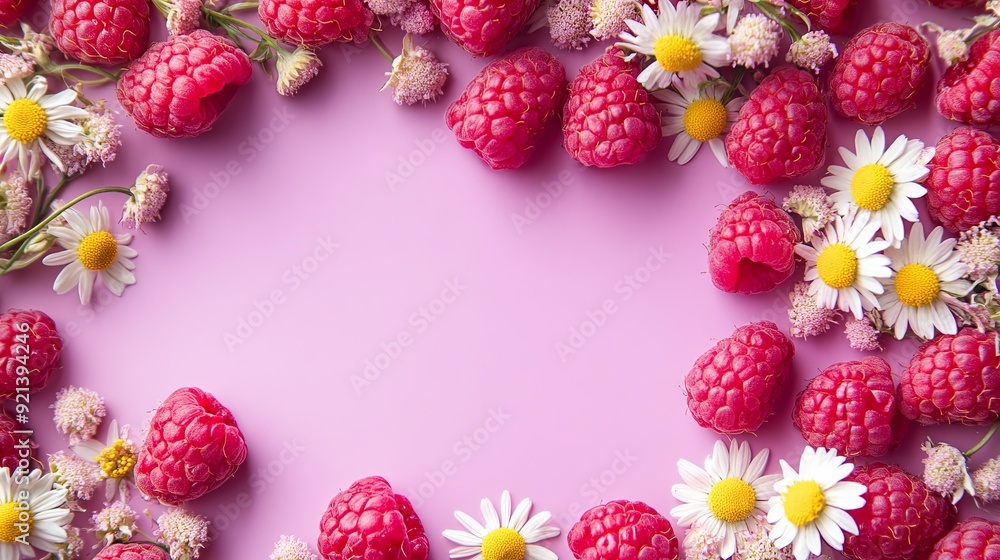 Sticker A pink background with a bunch of raspberries and daisies