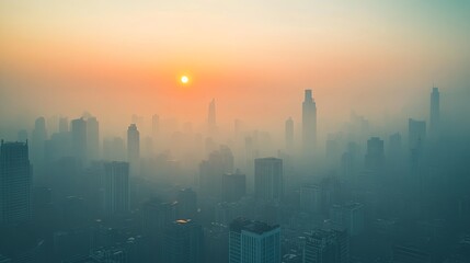 A city skyline with a large sun in the sky
