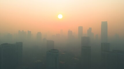 Fototapeta premium A city skyline with a large sun in the sky