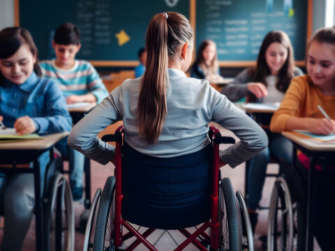 Estudiante en silla de ruedas sentada con confianza entre sus compa&ntilde;eros de clase.

