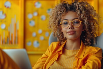 Female financial analyst analyzing stock market trends on laptop, yellow background