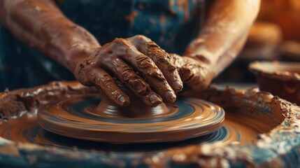 Detailed close-up of hands covered in wet clay, skillfully shaping a pottery piece on a spinning wheel