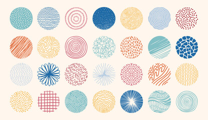 Round abstract colored set hand drawn doodle shapes. Backgrounds in the form of a circle of spots, lines, splashes, curves, stripes and dots.