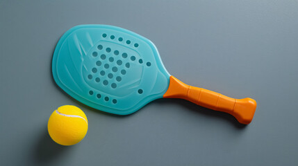 Flatlay of a pickleball paddle and ball on gray.