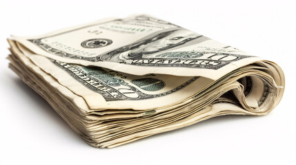 Folded hundred dollar bills isolated on a white background.