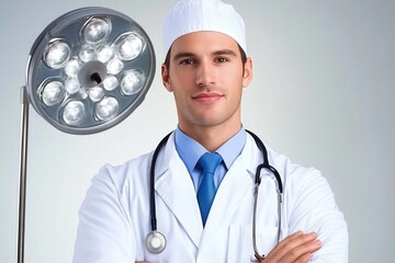 Confident Male Doctor in Surgical Attire with Stethoscope in Modern Medical Facility