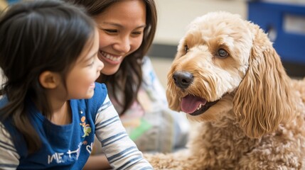 Animal assisted therapist smiling at a child petting a therapy dog during a session.