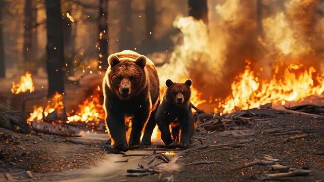 Mother bear and her cub are seen running through forest engulfed in flames. Intensity of wildfire creates dramatic backdrop, highlighting urgency of their escape.