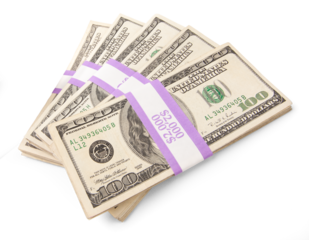 Ten Thousand Dollars in Stacks of One Hundred Dollar Bills Isolated. Transparent PNG.