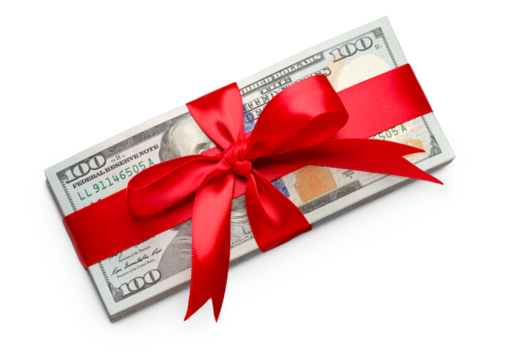 Stack of One Hundred Dollard Bills Wrapped in a Red Ribbon and Bow Isolated. Transparent PNG.