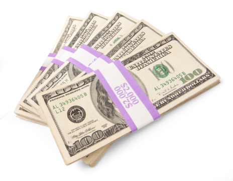 Ten Thousand Dollars in Stacks of One Hundred Dollar Bills Isolated. Transparent PNG.