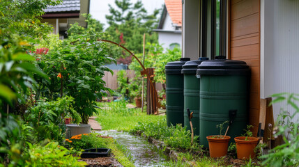 Obraz premium Collect rainwater to save drinkable water resources. Save drinking water by storing rain water. The elements of rainwater collection are labeled for gardening and household use.