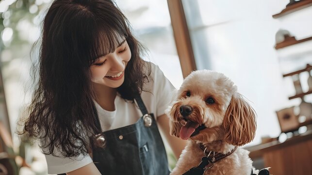 ペットサロンで犬をトリミングする笑顔の若い日本のトリマー