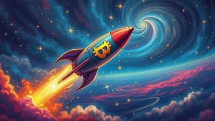 Bitcoin Rocket Blastoff to Moonlit Cosmos, A futuristic rocket ship emblazoned with a prominent Bitcoin symbol launches into a starry night sky. Vivid trails of fire and smoke mark its ascent.