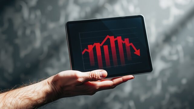 Tablet Showing Declining Graph - Business Analysis, Close-up image of a hand holding a tablet displaying a red downward trend graph. The graph shows a decline in data represented by red bars.