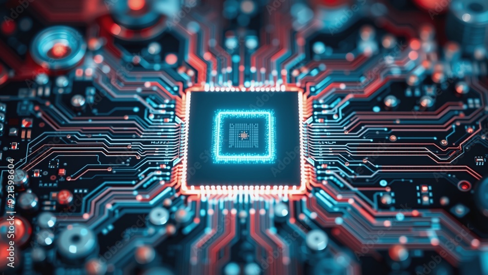 Poster high-tech circuit board with illuminated chip - close up technology detail, close-up view of a compl