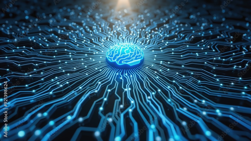 Poster glowing neural network: futuristic brain circuitry, digital illustration depicting a vibrant blue br