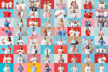 Big collage of people with red ribbons on color background. HIV AIDS awareness