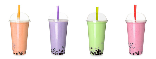 Set of tasty bubble tea on white background