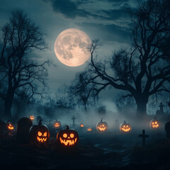 Fototapeta premium halloween graveyard with glowing pumpkins