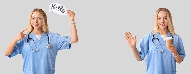 Beautiful female doctor with cup of coffee waving hand on grey background