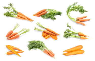 Collage of fresh carrots on white background