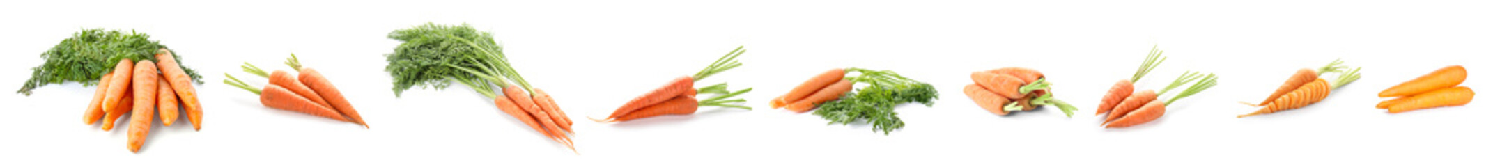 Collage of fresh carrots on white background