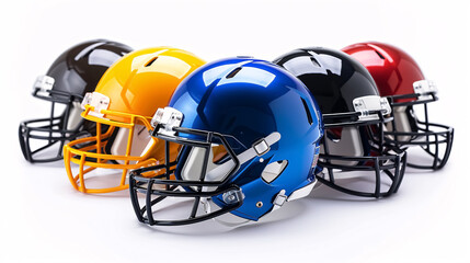 Fototapeta premium Football helmets side view in multiple colors isolated on white.