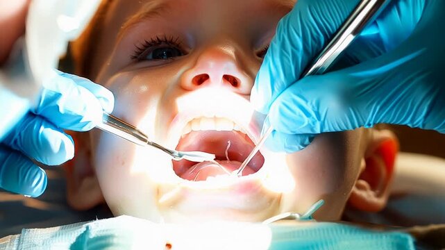 Young child sits in dental chair, looking apprehensive while dentist examines their teeth. Child&rsquo;s eyes are wide, reflecting mix of curiosity and fear, as dentist gently holds dental tools.