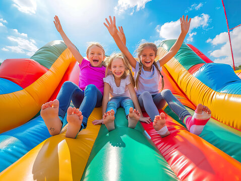 A group of children are playing on a bouncy castle, generative ai.