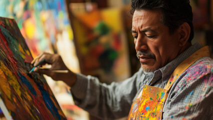 Obraz premium Vibrant Art Studio In a colorful softly in natural lighting a Latino man as an artist painter in a paint-splattered apron applies careful strokes to his canvas 