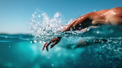 This image captures a person swimming in the pristine blue ocean, with water splashing around their hands as they propel forward, illustrating a dynamic summer scene.