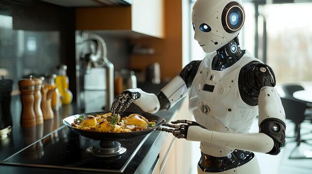 An AI-powered robotic chef preparing a gourmet meal in a futuristic kitchen, symbolizing the culinary applications of AI
