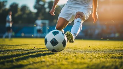 Professional soccer player dribbles the ball with his feet as he approaches the goal during the championship match.
