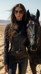 Desert Horse Trainer with Black Arabian Mare - Generative AI