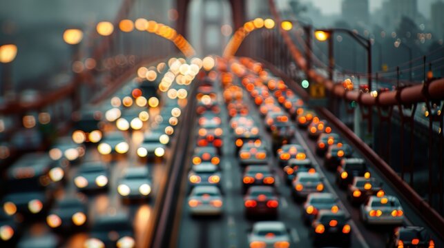 Heavy traffic on the iconic Golden Gate Bridge during an overcast afternoon, showcasing the overwhelming congestion and vibrantly illuminating tails lights in soft focus with the skyline behind.