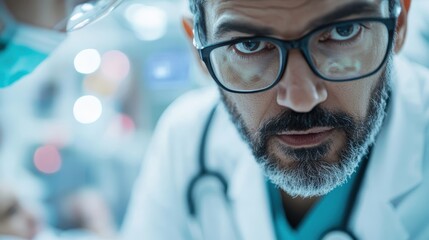 A surgeon wearing glasses is giving a concentrated look while performing a medical procedure, showcasing his expertise, precision, and dedication to healthcare in a bright operating room.