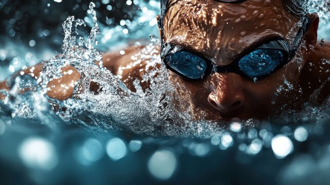 A close-up capture of a swimmer in action within a pool, with water splashing dynamically, emphasizing the speed, intensity, and exertion involved in competitive swimming.