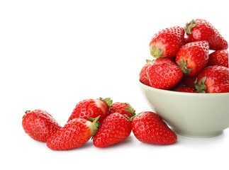 Bowl with fresh strawberries on white background