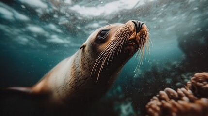 Obraz premium Seal captured in a swim underwater, portraying its natural habitat with clear waters around, and demonstrating its smooth and efficient swimming techniques.