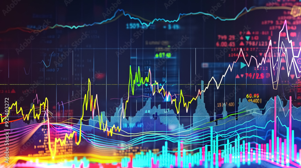 Poster forex colorful diagrams and stock market data with lines and dynamics.