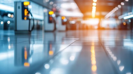 Fototapeta premium A spacious, modern airport terminal with bright lights reflecting off the shiny floor, creating an atmosphere of energy and anticipation as travelers move through.