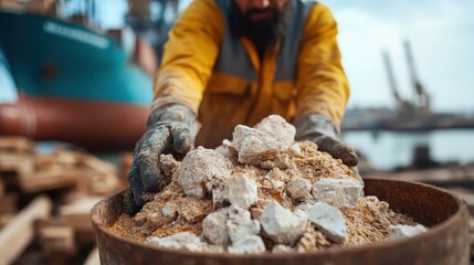 A close-up of a worker's gloved hands handling rough, raw materials in a port's shipping dock, symbolizing the labor-intensive and meticulous handling required in shipping industries.