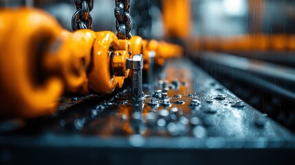 A detailed view of rain-soaked industrial chains arrayed on a metal surface, emphasizing their rugged nature and frequent use in harsh conditions, with a reflective wet surface.