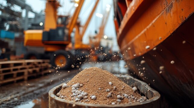 A detailed close-up image of raw grain in a bucket with an industrial port backdrop, highlighting the essence of agriculture, trade, and raw material handling at ports.