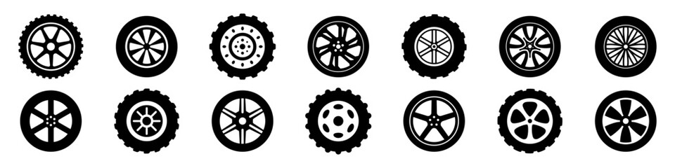 Wheel tire icon set. Black rubber symbol. © LOBSTER LARRY