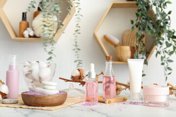 Set of cosmetic products, bath supplies and cotton branch on light table in room