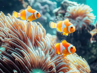 Three orange and white fish swimming in a coral reef. The fish are swimming in a group and appear to be enjoying their time in the ocean